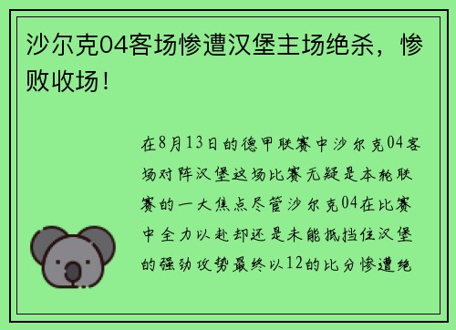 沙尔克04客场惨遭汉堡主场绝杀，惨败收场！