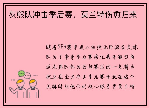 灰熊队冲击季后赛，莫兰特伤愈归来