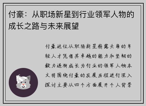 付豪：从职场新星到行业领军人物的成长之路与未来展望
