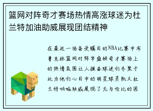 篮网对阵奇才赛场热情高涨球迷为杜兰特加油助威展现团结精神