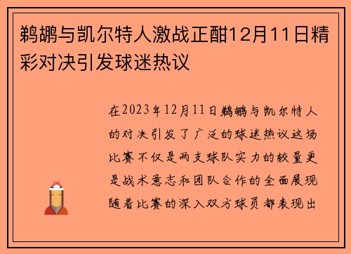 鹈鹕与凯尔特人激战正酣12月11日精彩对决引发球迷热议