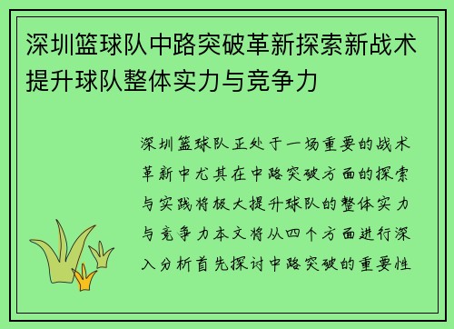 深圳篮球队中路突破革新探索新战术提升球队整体实力与竞争力